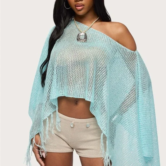 Edikted Blue Fringe Poncho - Picture 5 of 7